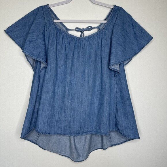 Old Navy Flutter Sleeve Jean Swing Top Size 2XL Blue Chambray Tie Back - Picture 1 of 10